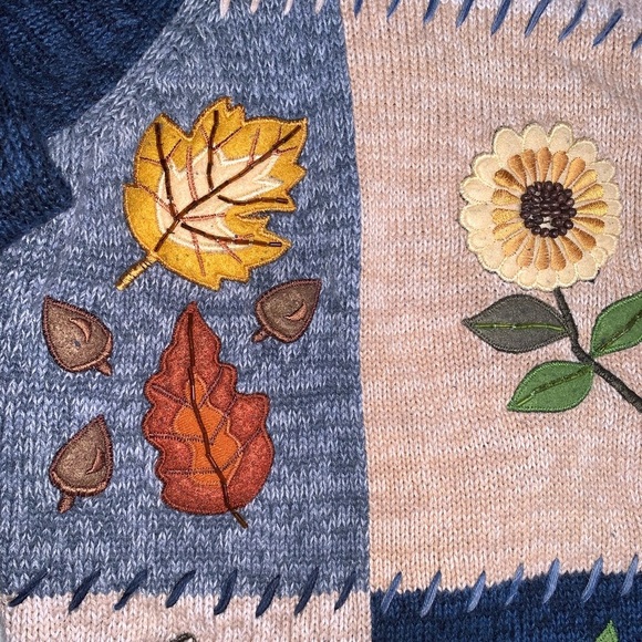 Vintage Fall Autumn Thanksgiving Blue Patchwork Embroidered Knit Zip Sweater 1X - Picture 6 of 16